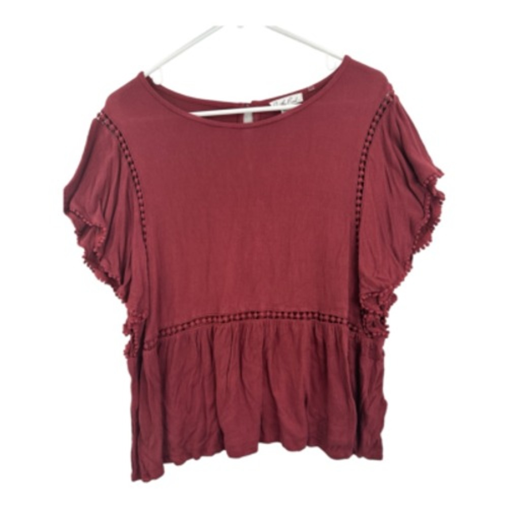 On the Road Peplum Top Womens XL Burgundy Boho Pom Pom Flutter Sleeve Excellent‎